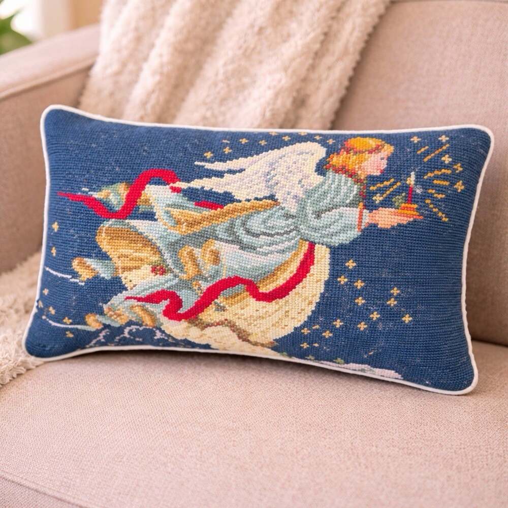Vintage Needlepoint Christmas Angel Trumpet Pillow Blue Holiday Decor NWOT